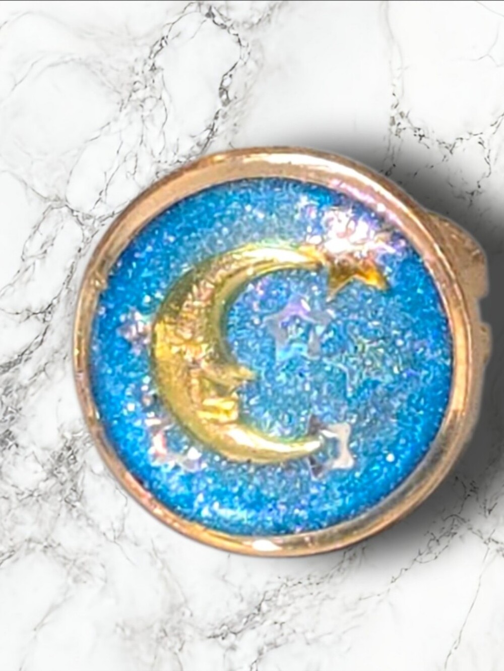 Hand Crafted Gold Moon Blue Glitter Ring